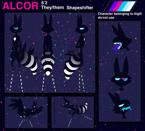 reference sheet with three fullbodies, three headshots, and two extra elements
