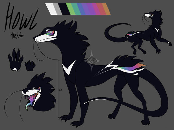 reference sheet with two fullbodies, one headshot and one extra element